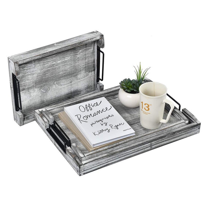 VERGOODR Country Rustic Torched Wood Nesting Breakfast Serving Trays with Handles, Set of 3 (White Grayish) - Image 3